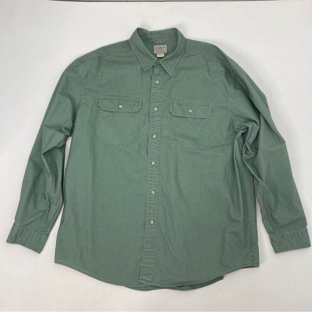 LL. Bean Traditional Fit Olive Green Button Front Shirt Mens Size XL